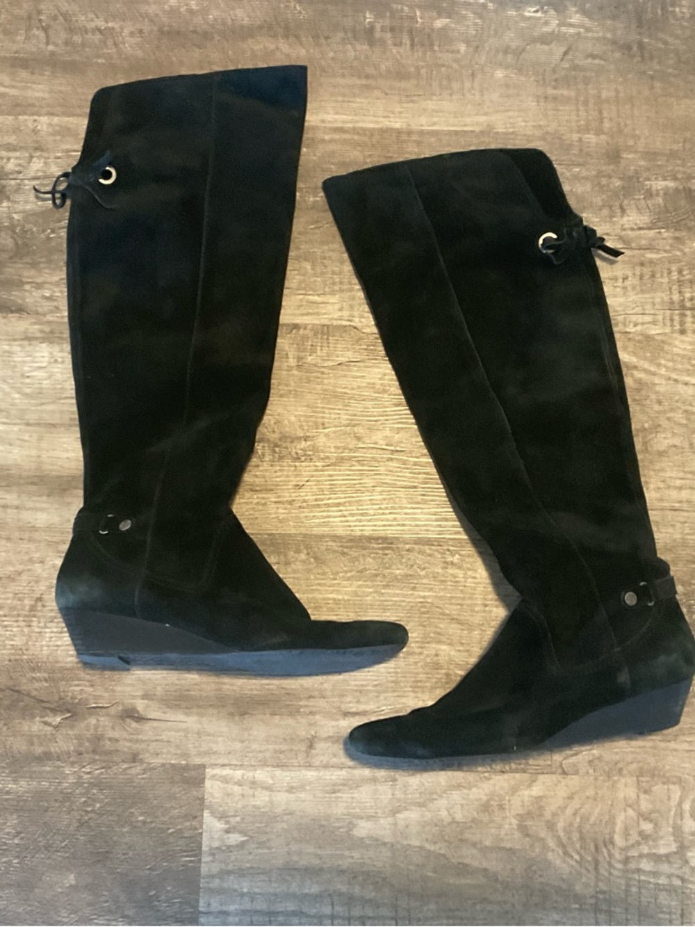 Anne Klein Akari Black Suede Over The Knee Wedge Heel Boots Size 11